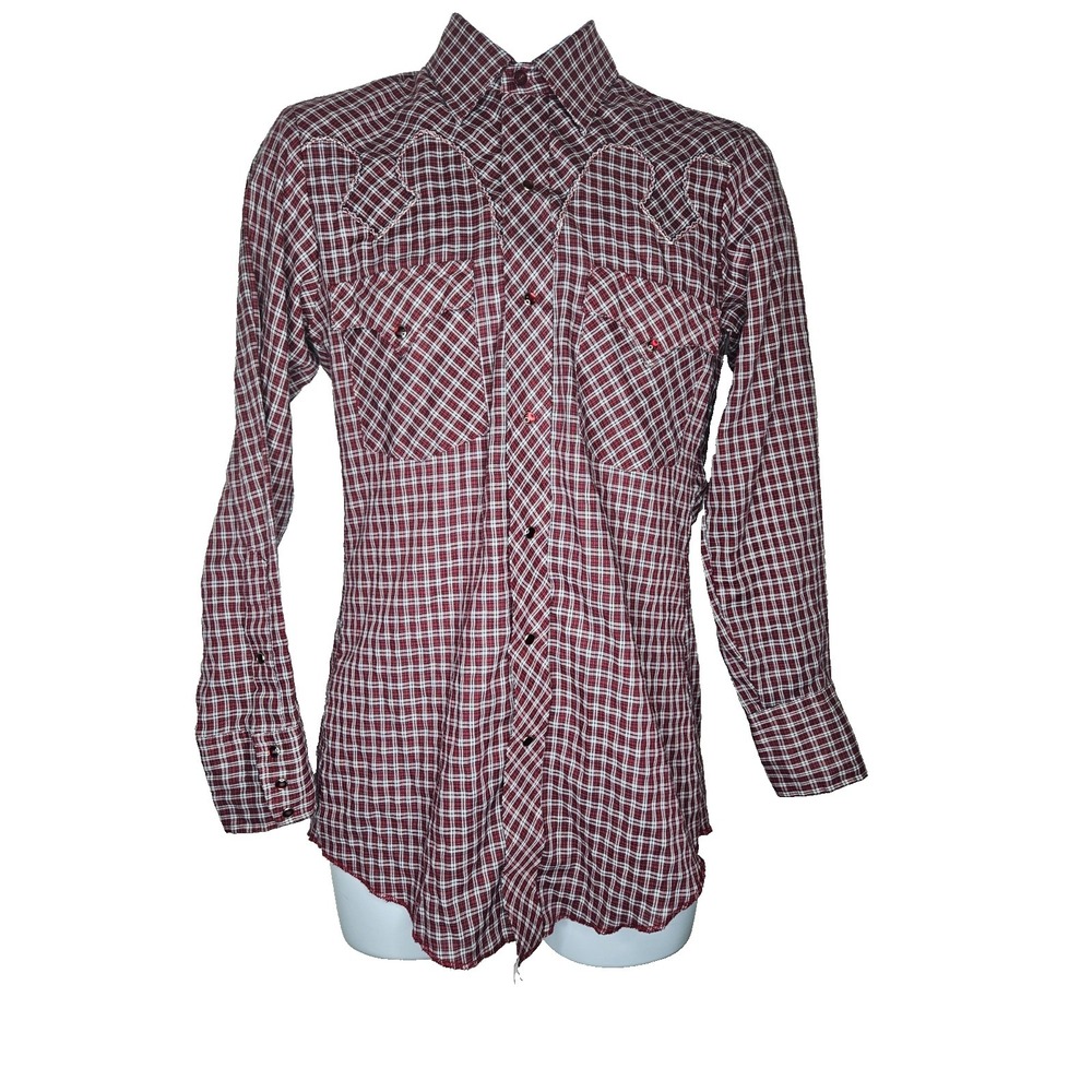 Vintage Karman Western Plaid Shirt Mens 14.5 32 Red Snap USA Cowboy Americana
